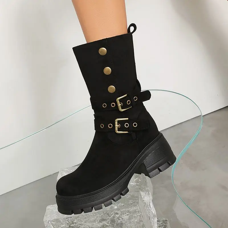 ORCHA LISA Tall Boots Circular Front 6cm Thick Elevated Heel 3cm Raised Sole Zip Equestrian Oversized Fit 41 42 43