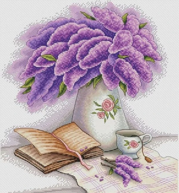 Lilac Vase and Books 36-39 Canvas Cross Stitch Embroidery Set Hobby Magic Room Decor Design  