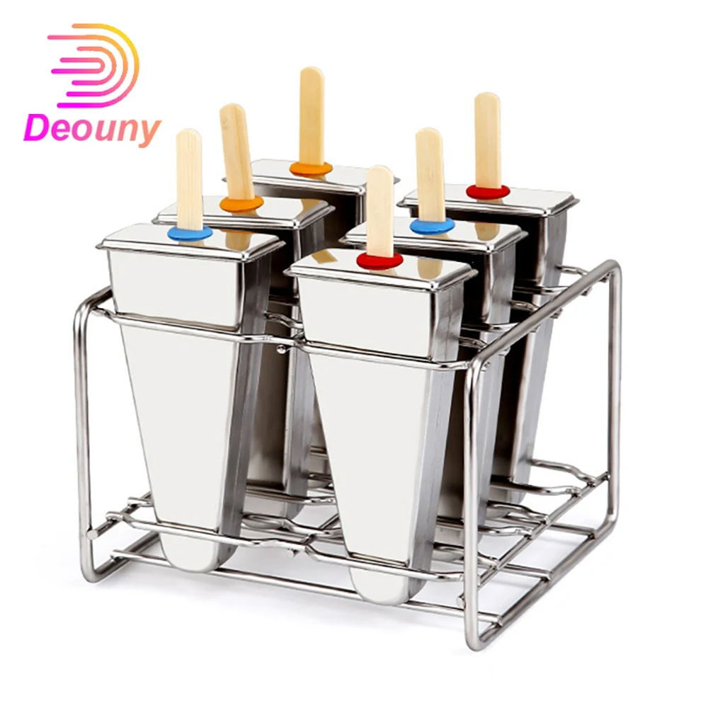 DEOUNY Stainless Steel Popsicle Molds Set 6/10Pcs Reusable DIY Ice Cream Maker with Wooden Sticks Holder Rack Kitchen Tool