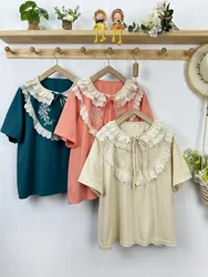 Summer Sweet Mori Kei Girls Embroidered Lace Patchwork Shirts Women Japan Style Loose Tops Cotton Lace-up  Shirts/Blouses