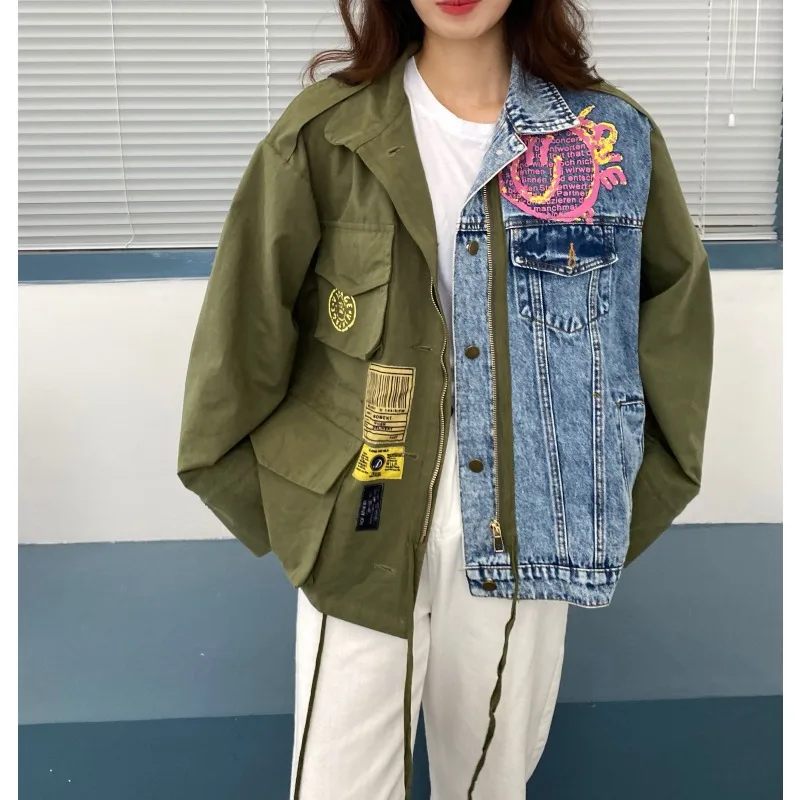 الاتجاه ربيع الخريف الدنيم المرقعة سترة طباعة سترة اسكواش الشارع الشهير كل مباراة فضفاضة الدنيم سترة المرأة بأكمام طويلة