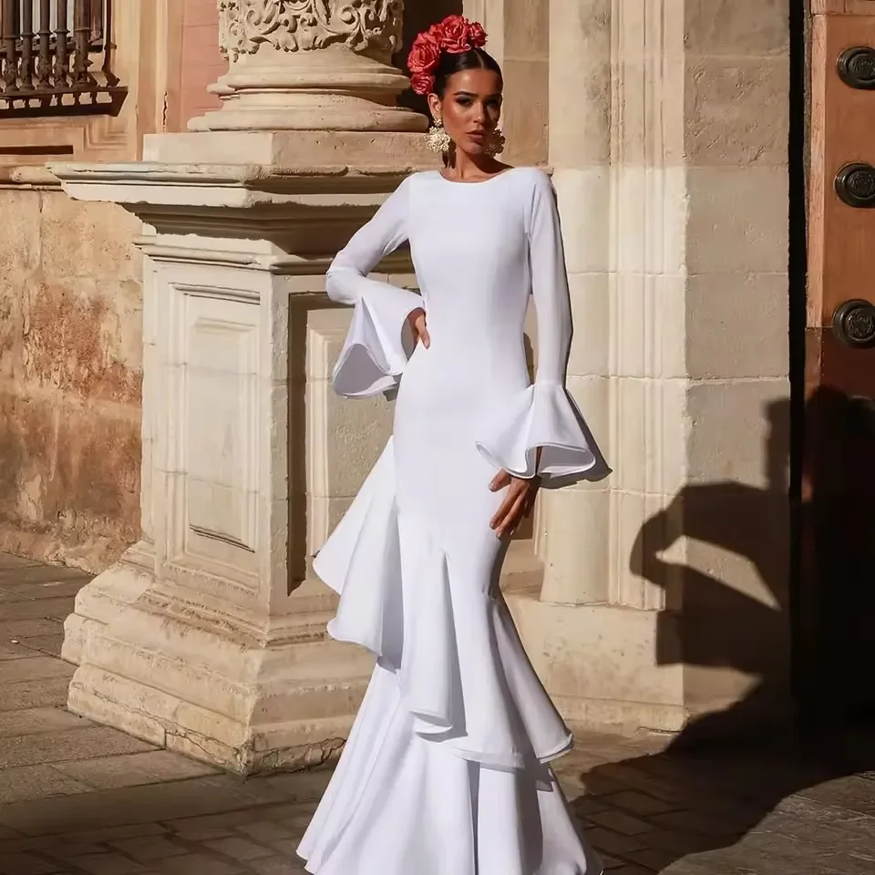 White Gypsy Prom Dance Dress for Women Ruffles Long Sleeves Backless Ceremony Party Formal Evening Dresses 2025