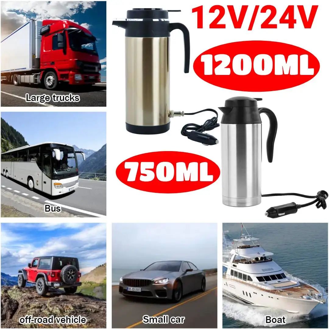 750/1200ML Car Coffee Mug Stainless Steel Kettle Heated Travel Heating Water Bottle 12/24V Automatic Shut Off Hot Water Jug