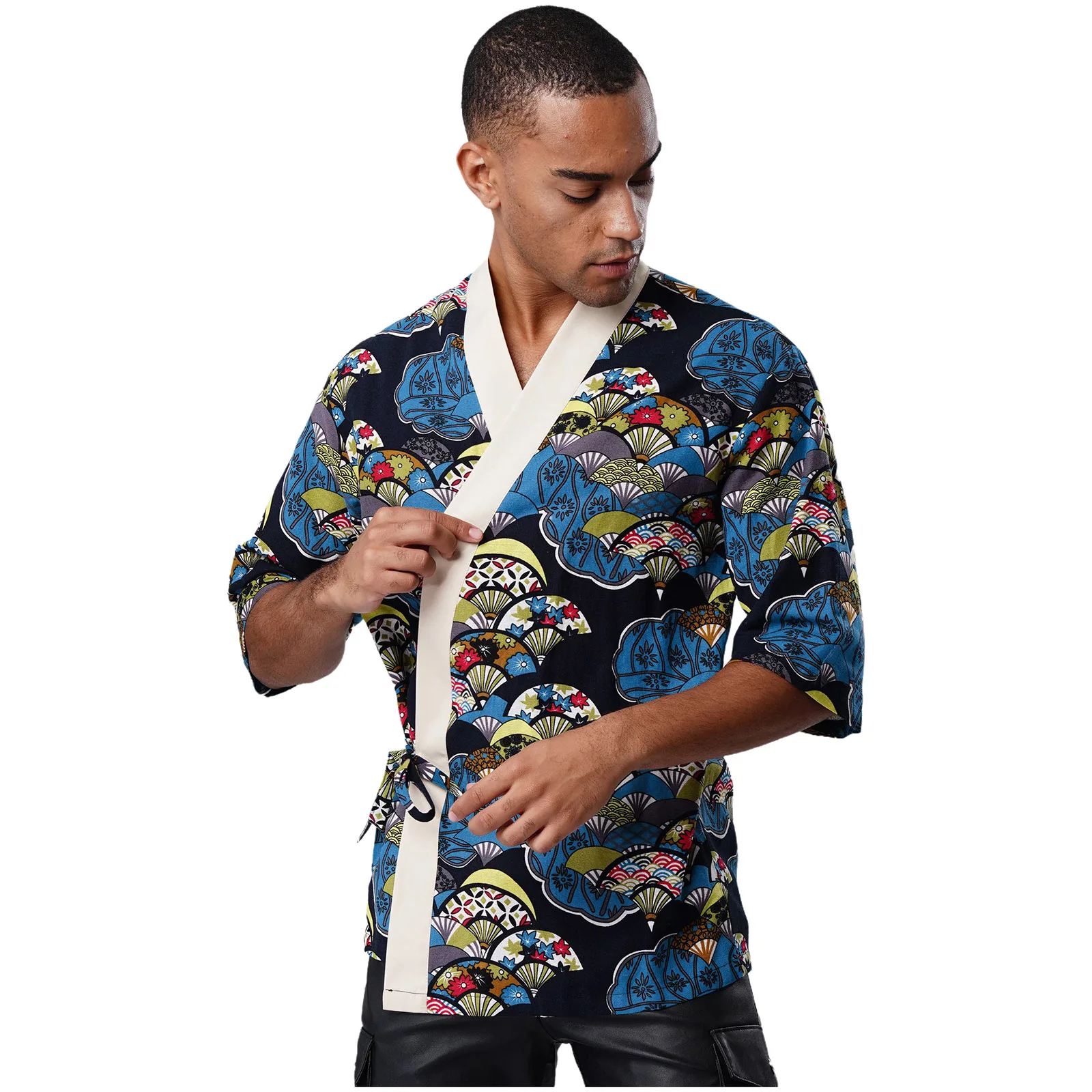 Men Japanese Sushi Chef Coat Traditional Print 3/4 Sleeve Lace-up Cook Kimono Jackets for Izakaya Japanese Cuisine Restaurant