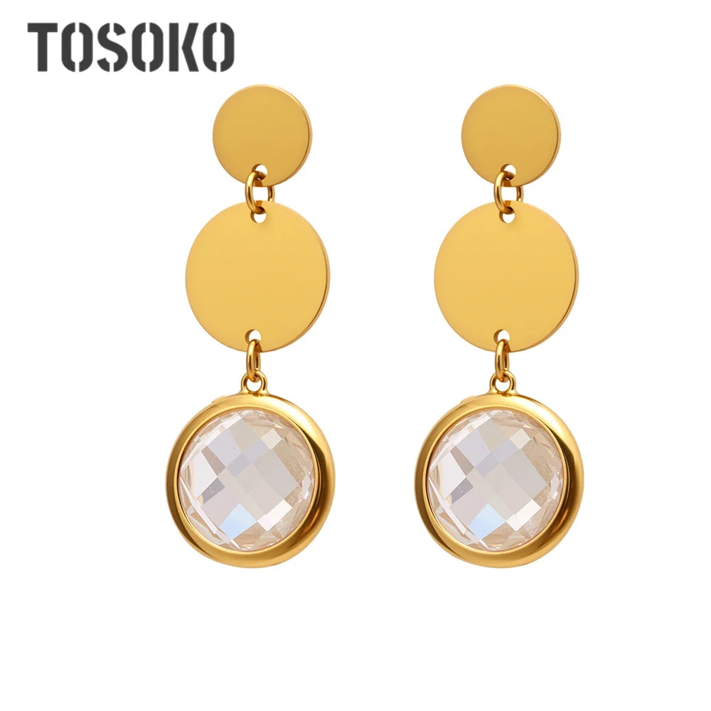 

TOSOKO круглые инкрустированные стеклянным камнем серьги-подвески женские модные ювелирные изделия из нержавеющей стали с кисточками F281
