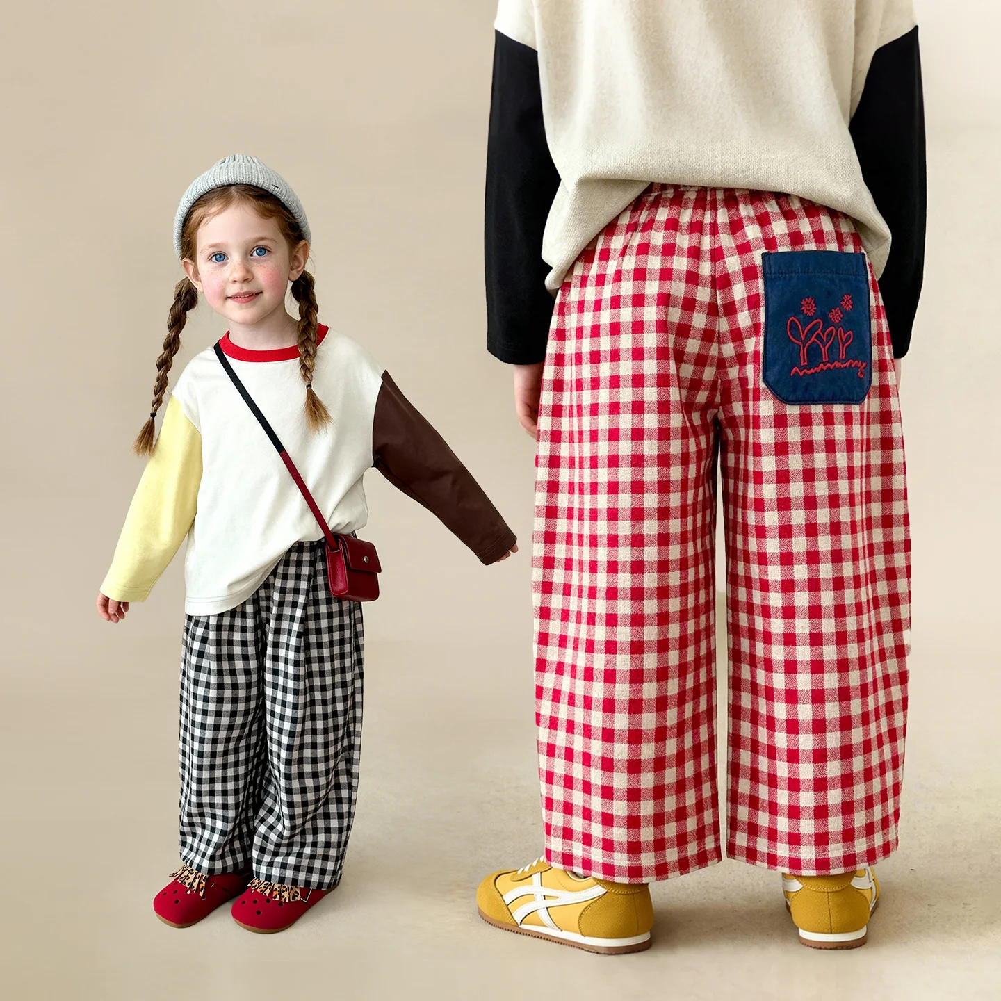 Amila Spring Children's Casual Pants With Elastic Waist, Grid Pattern, Loose Wide Legs, Versatile And Fashionable For Daily Use