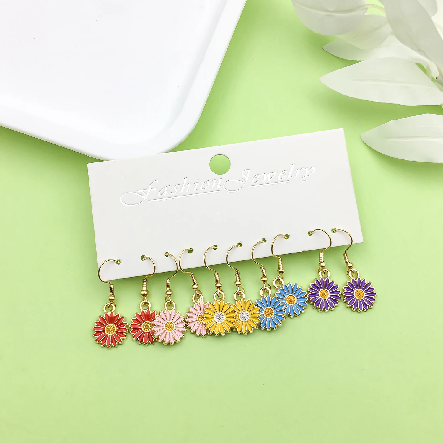 5 Pairs/Set Enamel Colorful Small Daisy Design Earrings Alloy Women Girls Jewelry Gifts