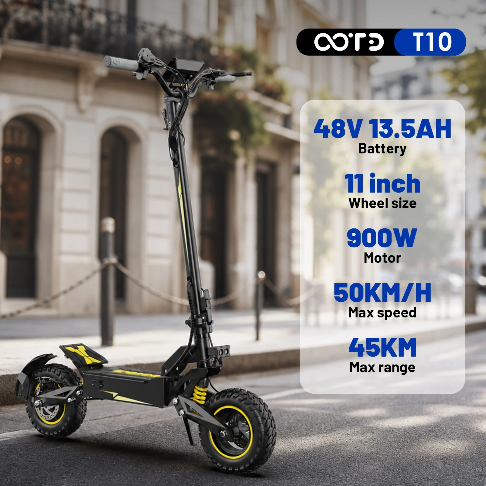 Trottinette électrique OOTD T10 11 pouces, moteur 500W, batterie 48V 13.5Ah, vitesse maximale 25 km/h, autonomie 60 km, pliable