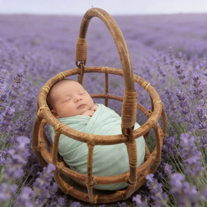 

Newborn Photography Props Handmade Vintage Bamboo Rattan Basket Wooden Crib Photo Studio Posing Accessories Baby Growth Souvenir