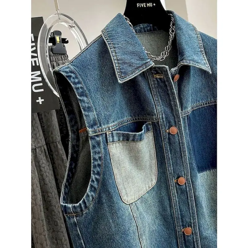 Denim Vest  for Women Polo-neck Waistcoats Aesthetic Casual Cardigans Korean Style Oversized Sleeveless Coats Women Clothing