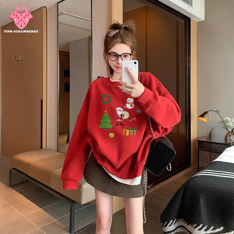 

Christmas Print Plush Sweatshirt Women Autumn Winter 2025 New Oversize O-Neck Loose Pullover Hoodie Y2K Tops Ladies clothing