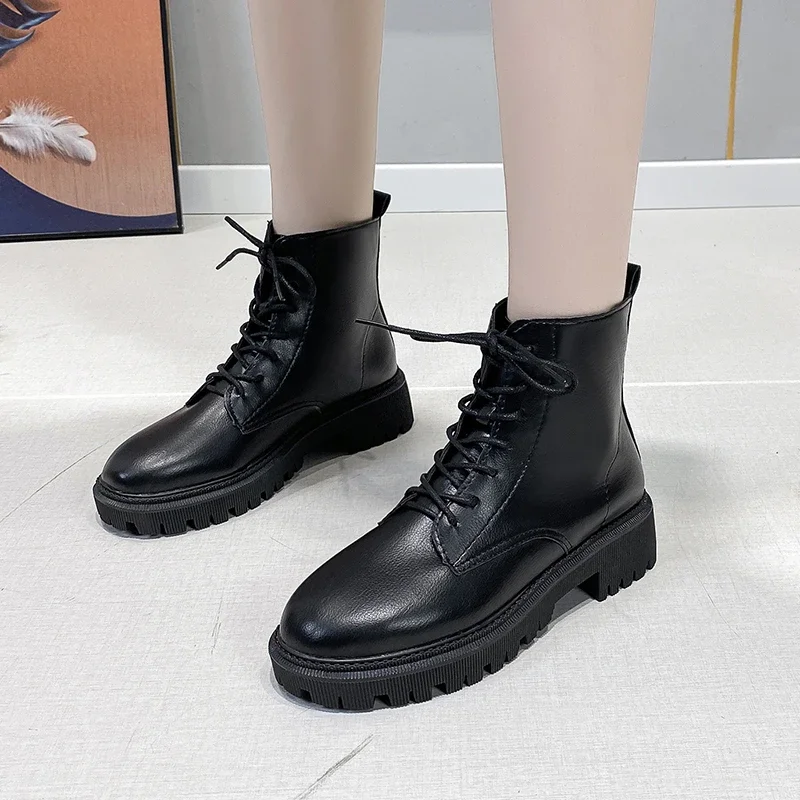 Female Shoes on Sale 2024 Fashion Lace Up Women Boots Winter Round Toe Solid Short Barrel Low Heels Naked Boots Botas De Mujer