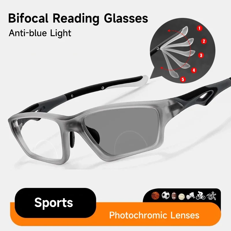 Sportliche Bifokal-Lesebrille für Herren, photochromatisch, Anti-Blaulicht, +1,0 bis +4,0, TR90-Gestell, hochwertige Lesebrille