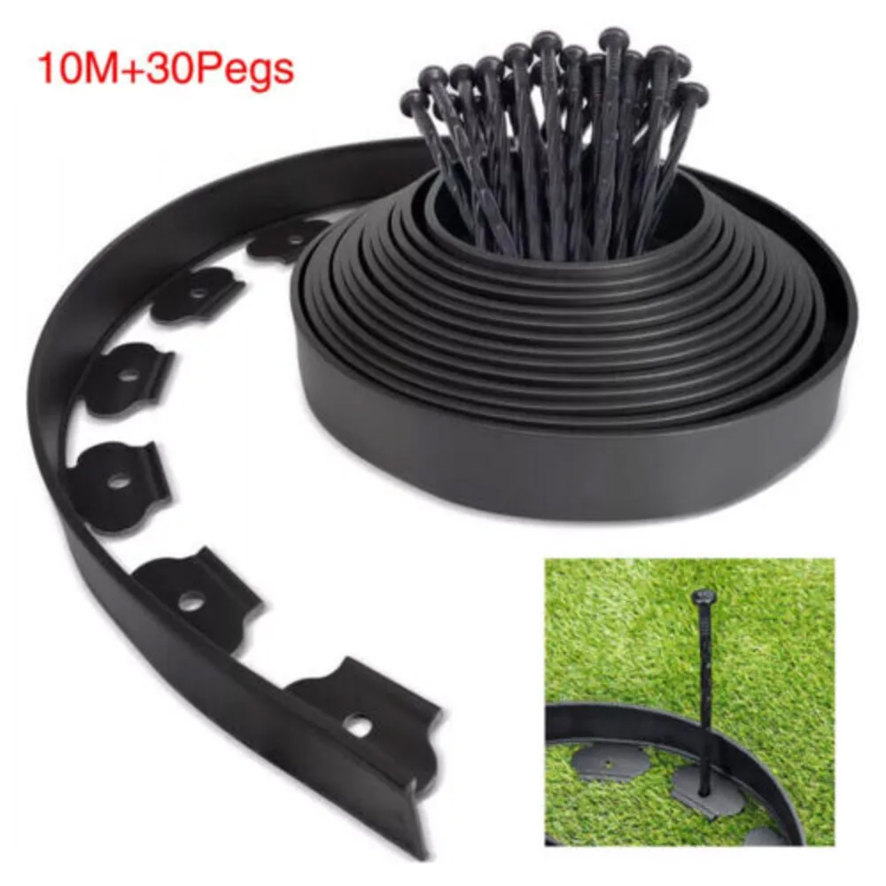 Flexible 10M Garden Border Edging Lawn Grass Edge With 30 Strong Plastic Peg