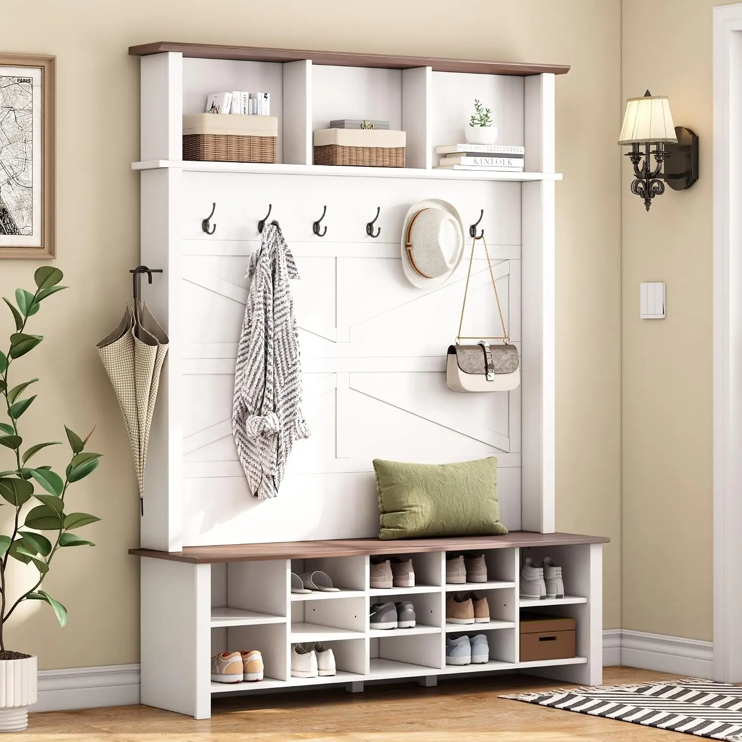 Farmhouse Wood Hall Tree with 6 Hooks and Entryway Shoe Bench, 4-in-1 Coat Rack with 16 Open Compartments & Adjustable Shelves