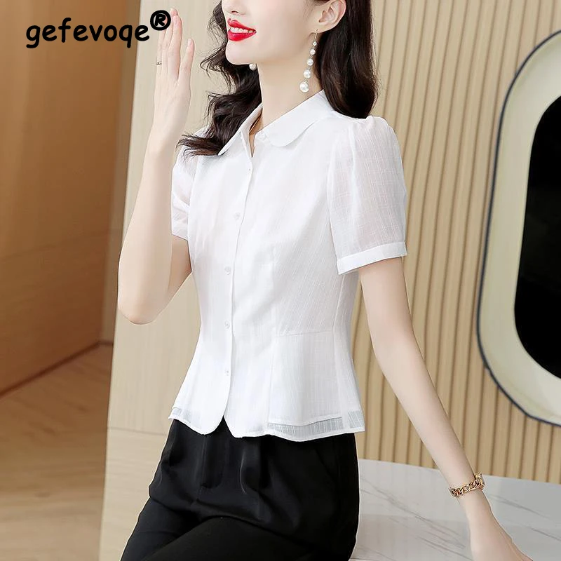 Women\'s Korean Fashion Elegant Button Up Shirt Office Lady Lapel Short Sleeve Commute Blouse Casual White Blue Slim Chiffon Tops