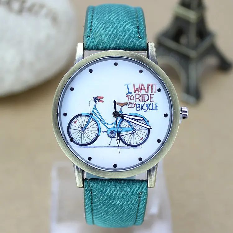 Neue Mode Fahrrad Frauen Uhr Jean Stoff Lederband Kleid Damen Casual Quarz Uhren Relogio Feminino