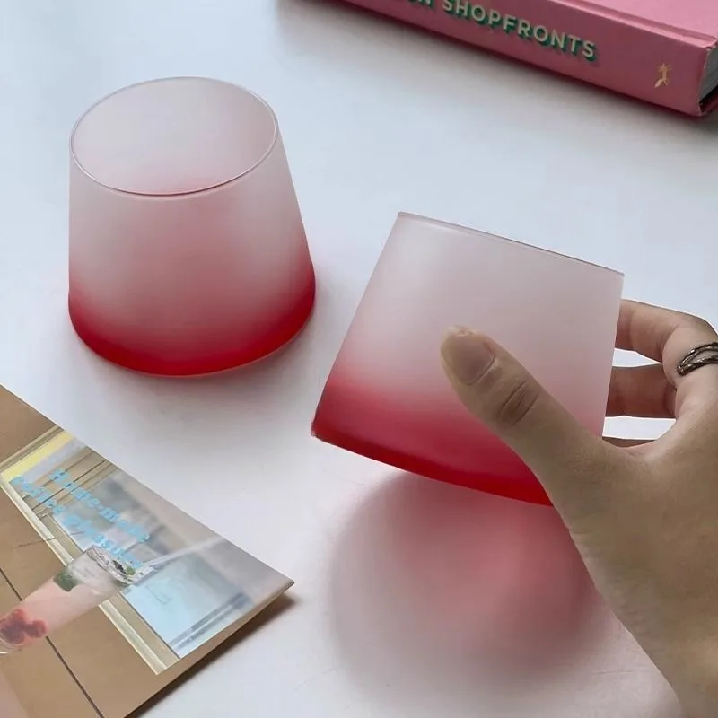 High Aesthetic Red Gradient Frosted Glass Cup, Creative Mount Fuji Pattern Wine Cup, Home Multifunctional Juice Champagne Glass