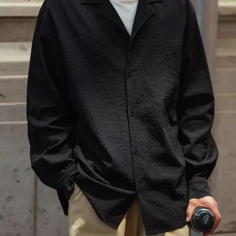 

Loose Fit Long Sve Men's irt Spring Design Sensation Thin Sle Pure Color Korean Version Drapey Outerwear Trendy