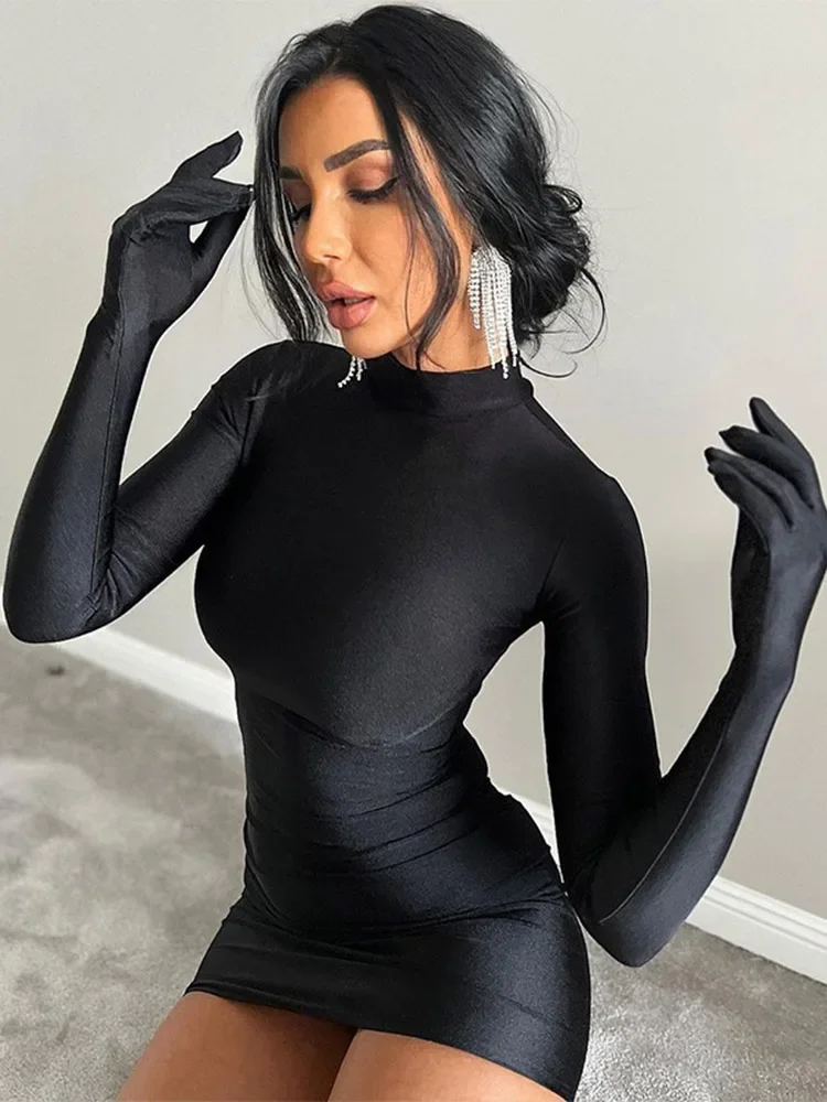 긴팔 장갑 미니 드레스 바디콘 섹시 스트리트웨어 파티 하프 터틀넥 의상 Y2K 의류 도매