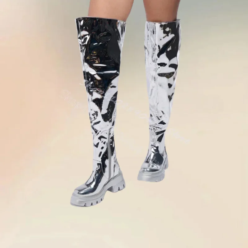 

Silver Patent Leather Wave Pattern Bottom Boots Side Zipper Women Shoes Chunky Heels Novel Party Feast 2024 Zapatos Para Mujere