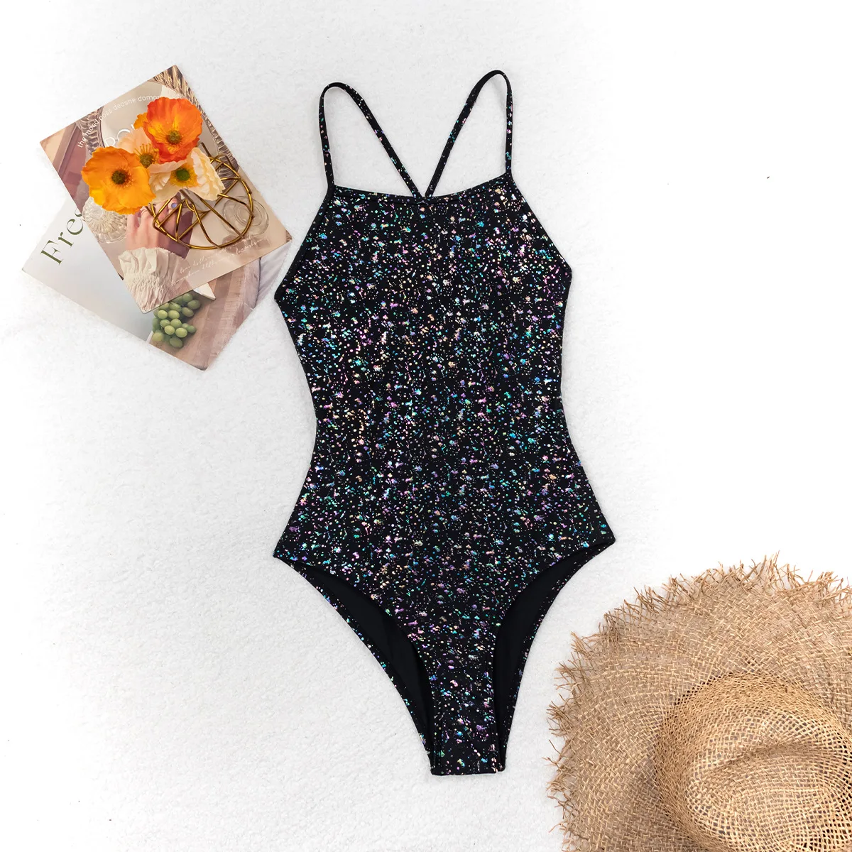 Women's High-End Printed Conservative Professional Racing Suspender Backless Sexy One-Piece Swimsuit