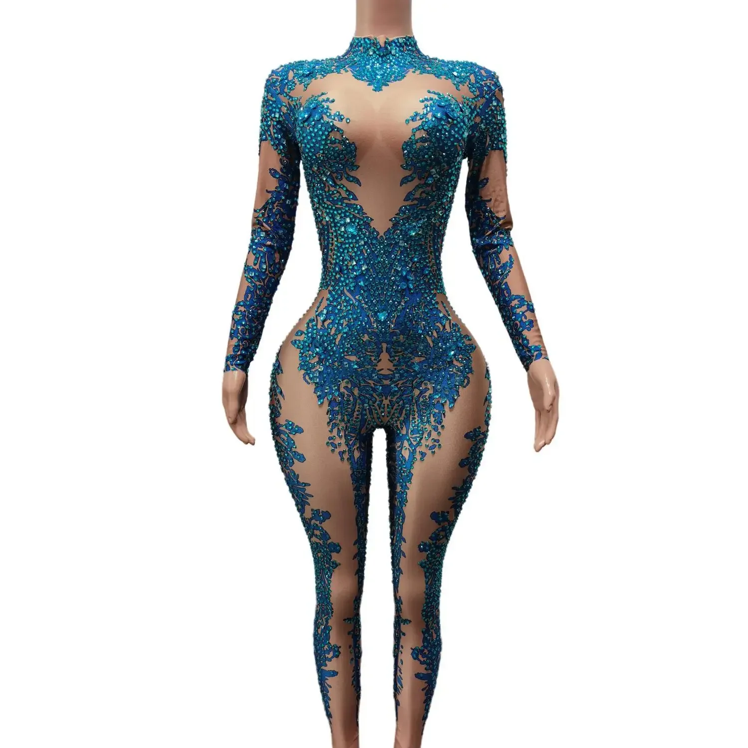 Fashion Blue Crystal Elastic Bodysuits Sexy Showgirl Pole Dance Leotard Performance Stage Costume Women Ball Club Party Jumpsuit