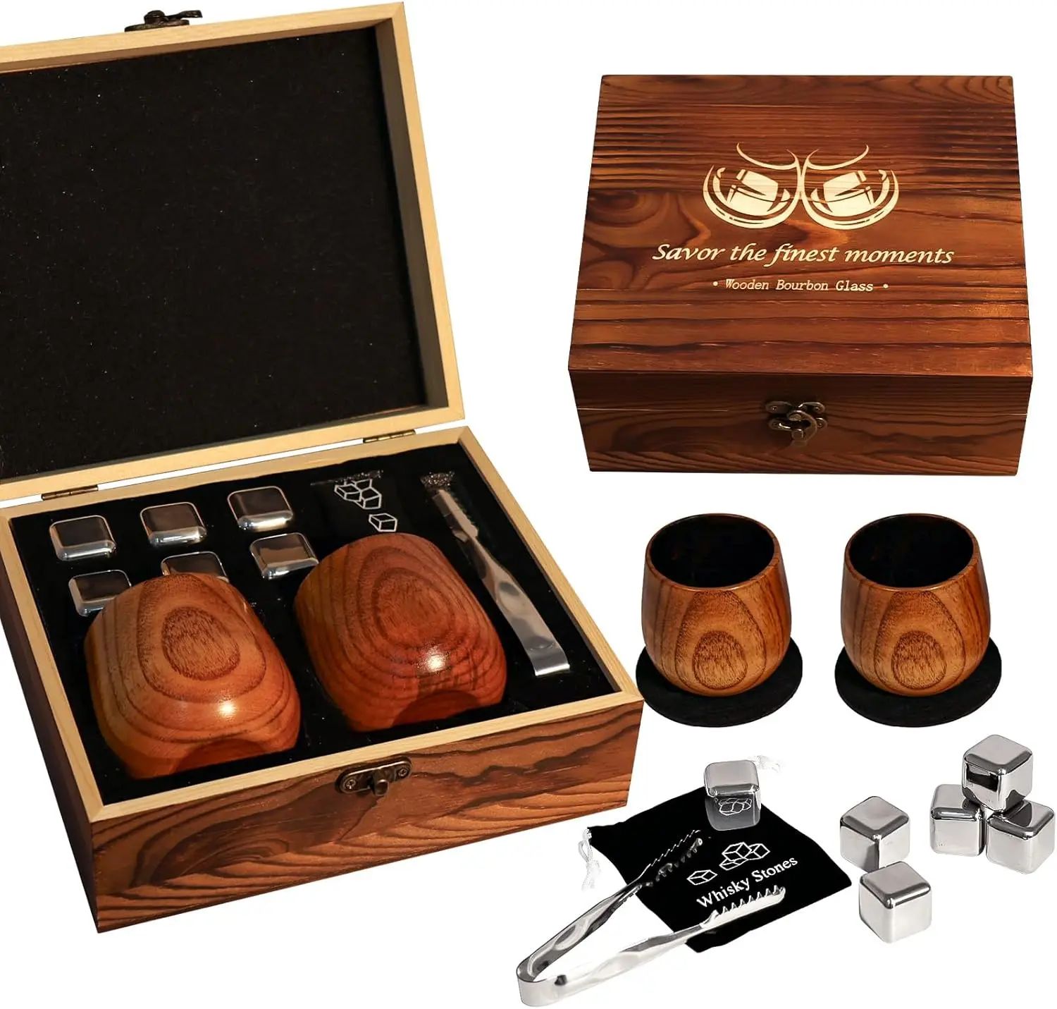 

Handcrafted Charred Wooden Whiskey Glasses Set with Stones and Gift Box, Ideal for Bourbon Lovers