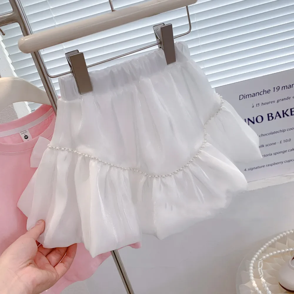 Summer Girls\' Clothing Sets Bow Streamer Pearl Stitching Short-Sleeved Tutu Skirt Fashion Baby Kids Outfit Children Clothes Suit