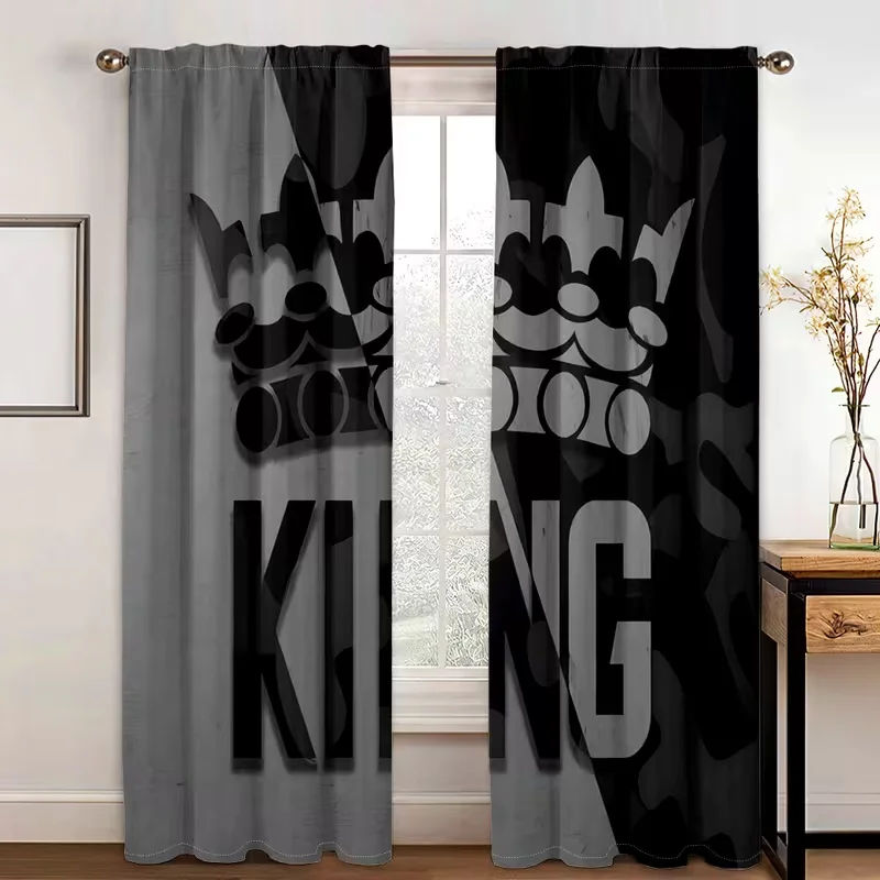 2pcs King & Queen Crown Art Print Curtains - Black Text with Golden Crown Design, Modern Abstract Geometric Living Room Decor