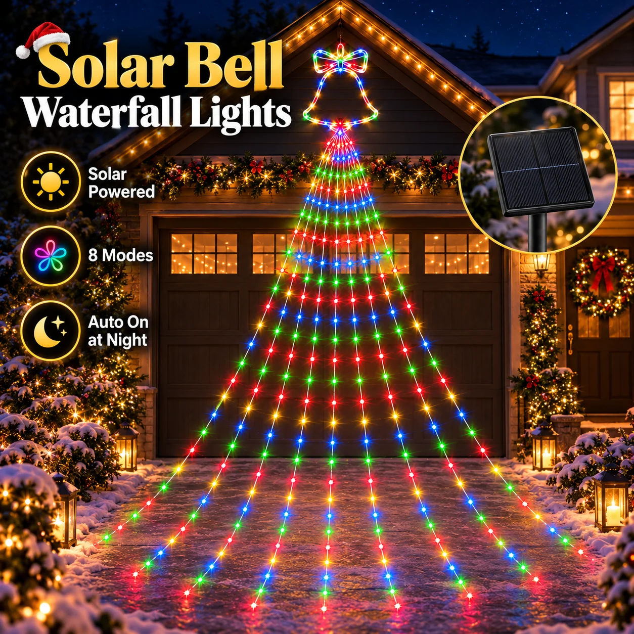 Christmas Bell Waterfall Lights Solar Powered 200/290LED 8 Modes Multicolor for Garden Patio Fence Tree Party Holiday Decor