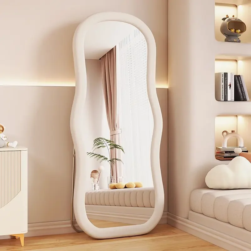 Full-length household floor-to-ceiling mirror cream, special-shaped wave full-length girls' bedroom fitting mirror