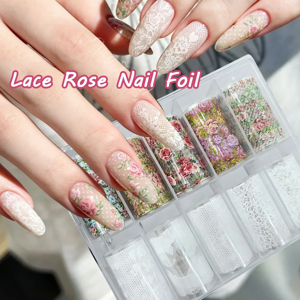10 Roll/Box Vintage Rose Lace Nail Transfer Foils Spliced Floral White Lace Nail Art Transfer Paper DIY Manicure Nail Decor Foil