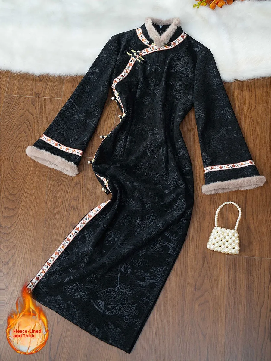 

Черное длинное платье-ципао с флисовой подкладкой, в винтажном китайском стиле, из полиэфирного волокна, с низким разрезом, для молодых женщин