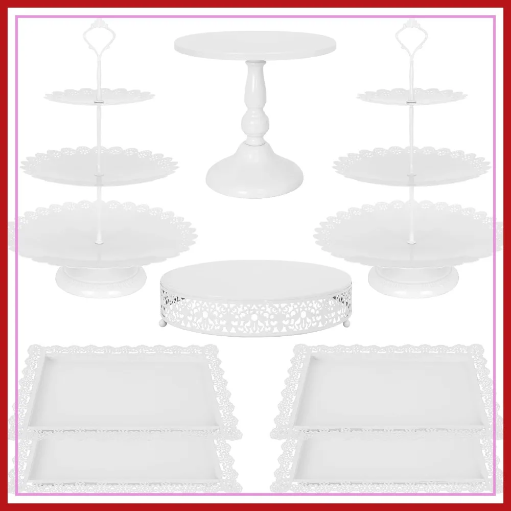 

8-Piece Cake Stand Set, White Metal 3-Tier Cupcake Display & Cookie Tray Rack for Party, Wedding, Baby Shower