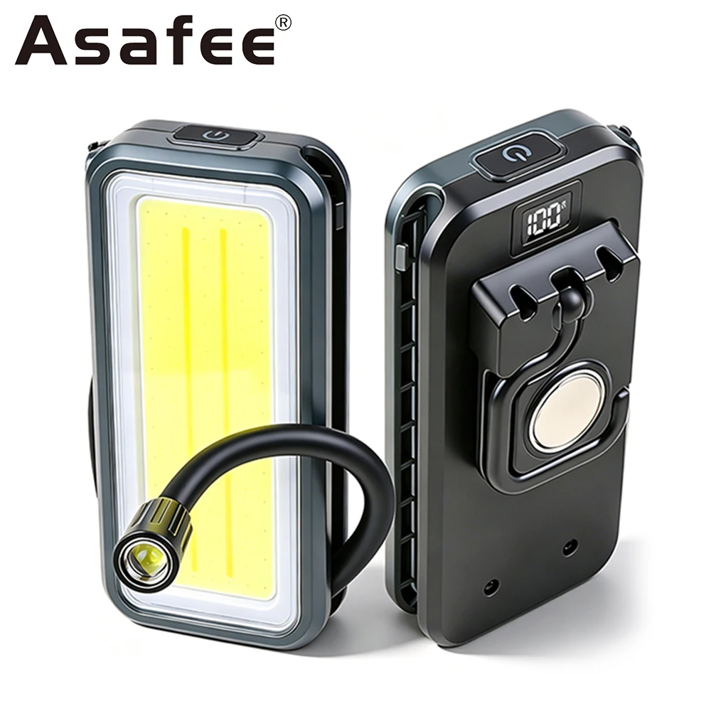 Asafee K587 rechargeable work light with magnetic hook  COB+LED bendable hose light 2000mAh digital display repair Flashlight