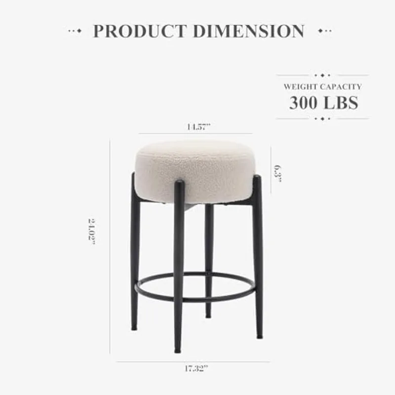 Modern Bar Stools Set of 2, 24" Sherpa Counter Height Stools with Metal Mid-Century Base, Cream