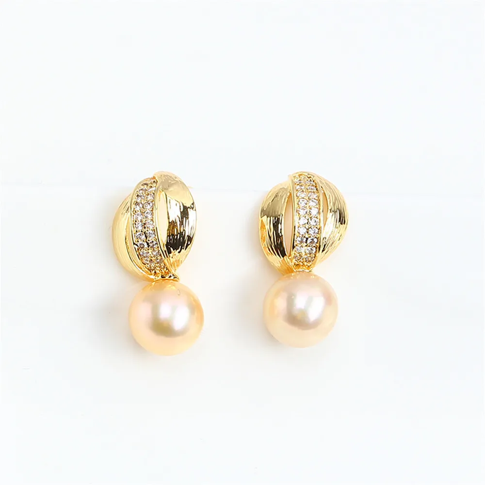 S925 Silver Needle Domestically Made 14k Gold Wrapped Half Round Pearl Zircon DIY Empty Earrings Temperament Female