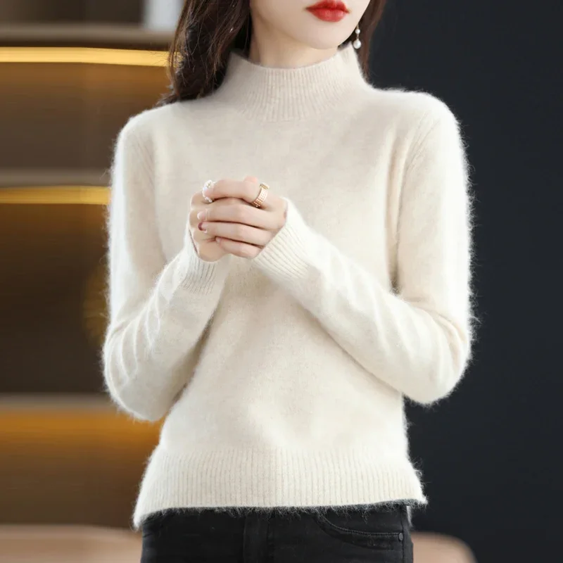 WinvyNee Women Mink Cashmere Sweater Mock Collar Casual Outerwears Warm 2024 New Knitted Pullover Clothing Winter A1248003