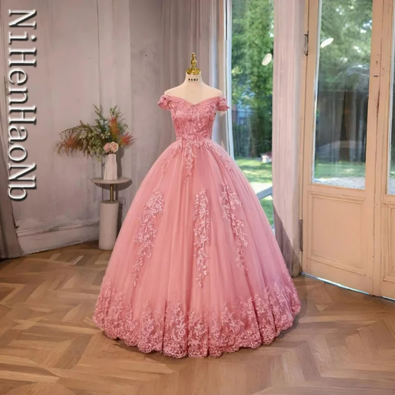 Summer New Pink Quinceanera Dresses Sweet Flower Party Dress Lace Ball Gown Luxury Classic Boho Vestidos For Girls