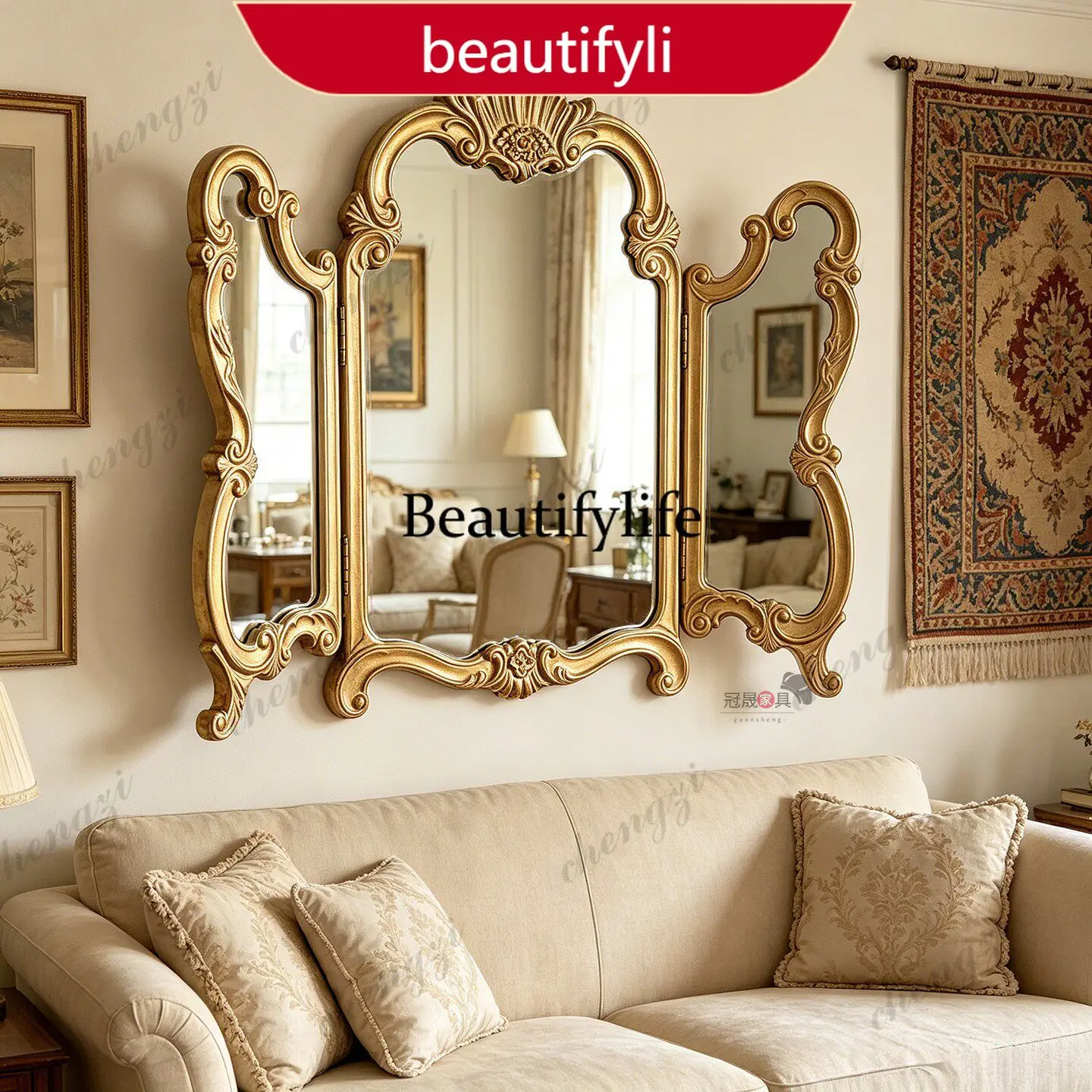European retro tri-fold makeup mirror bedroom dresser luxury three-sided mirror French