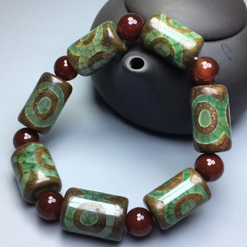 Natural Old Agate Tibetan Green Three Eye Dragon Bead Bracelet Men's and Women's Ethnic Style Bracelet