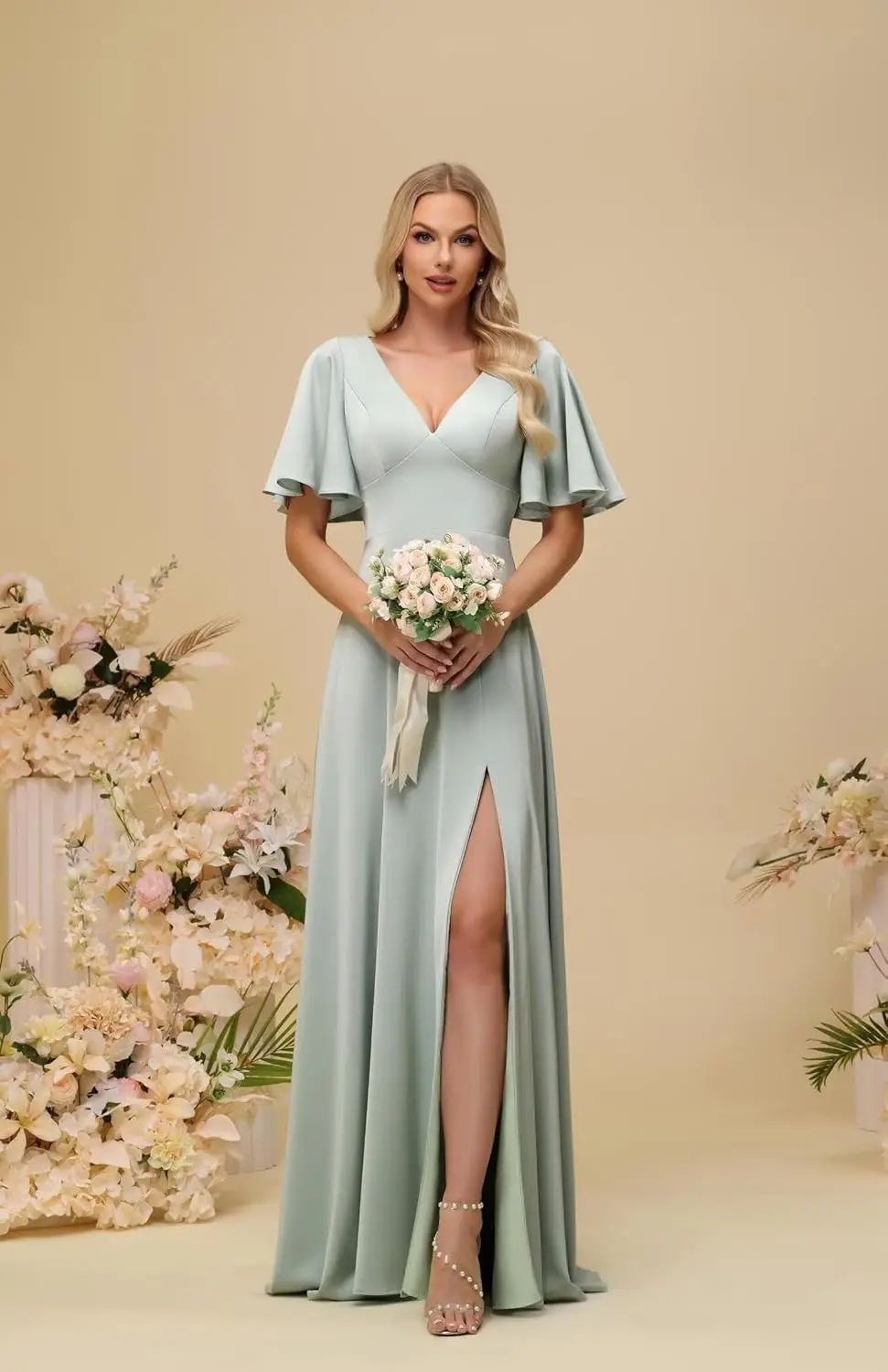 Свадебная вечеринка, шифоновое платье подружки невесты с короткими рукавами для женщин, элегантное макси-платье с разрезом и длинным вырезом, вечернее коктейльное платье