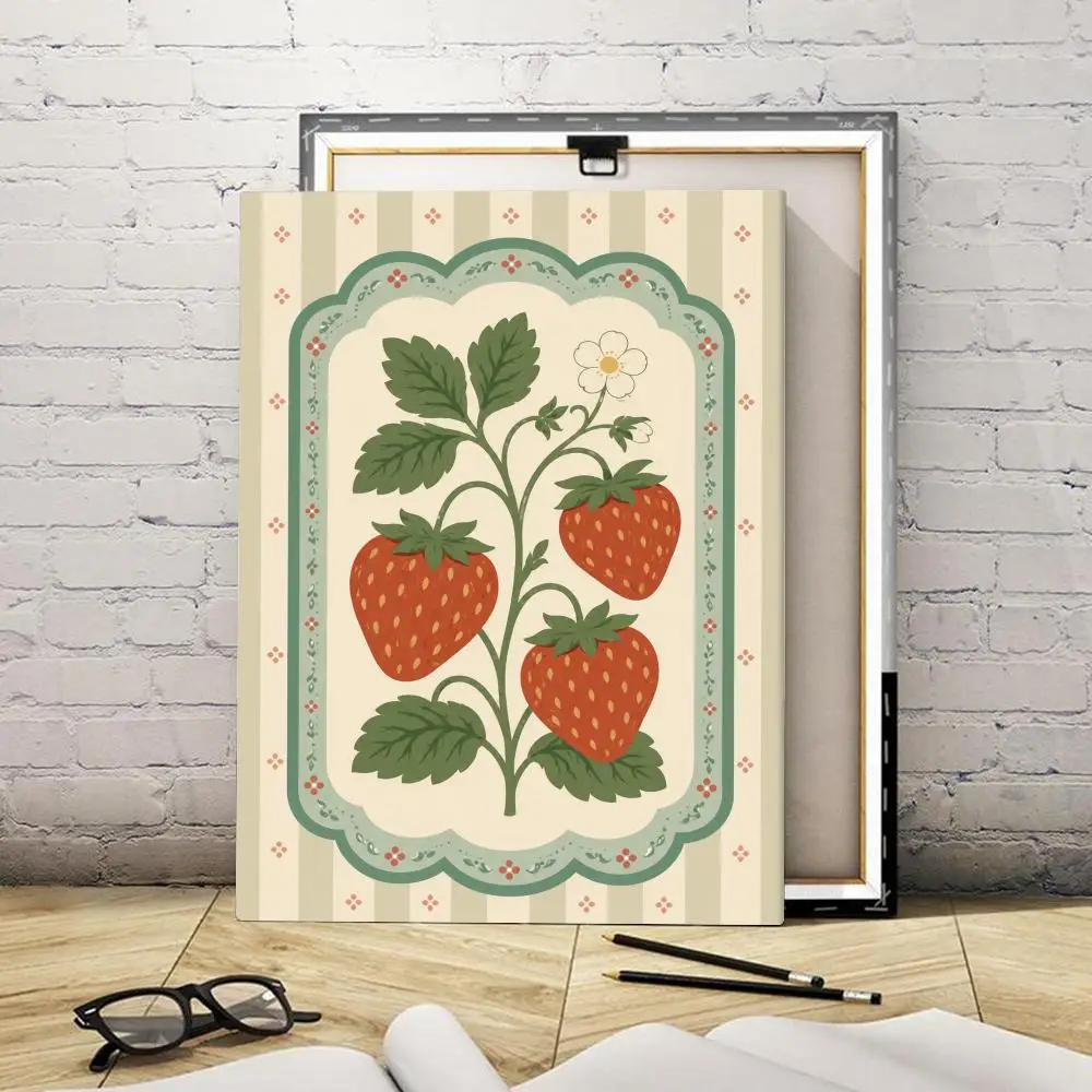 Striped Vintage Botanical Fruits Framed Wall Painting Canvas Art Poster Solid Wood Frame for Room Living Home Decor Gift