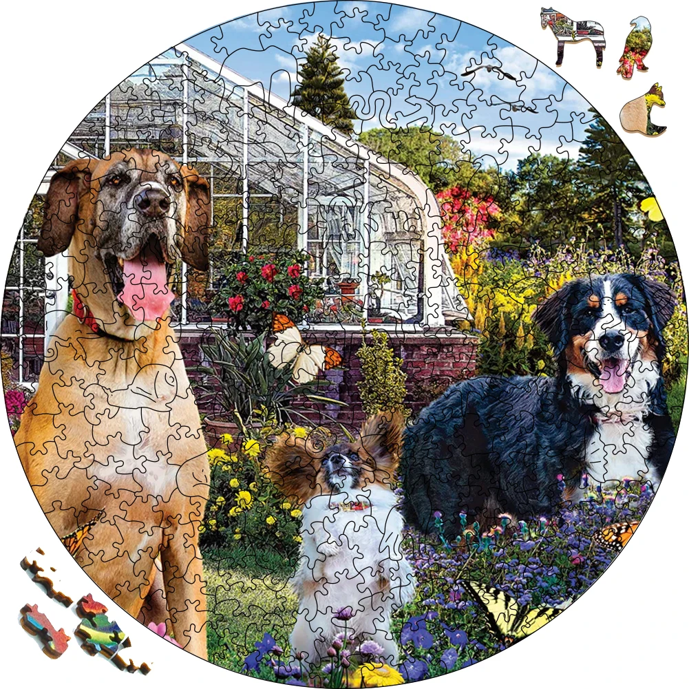 Rompecabezas de madera Happy Dogs In The Garden para niños, rompecabezas de madera para regalos Festiva, juego de mesa, rompecabezas de animales de madera, juguetes para niños