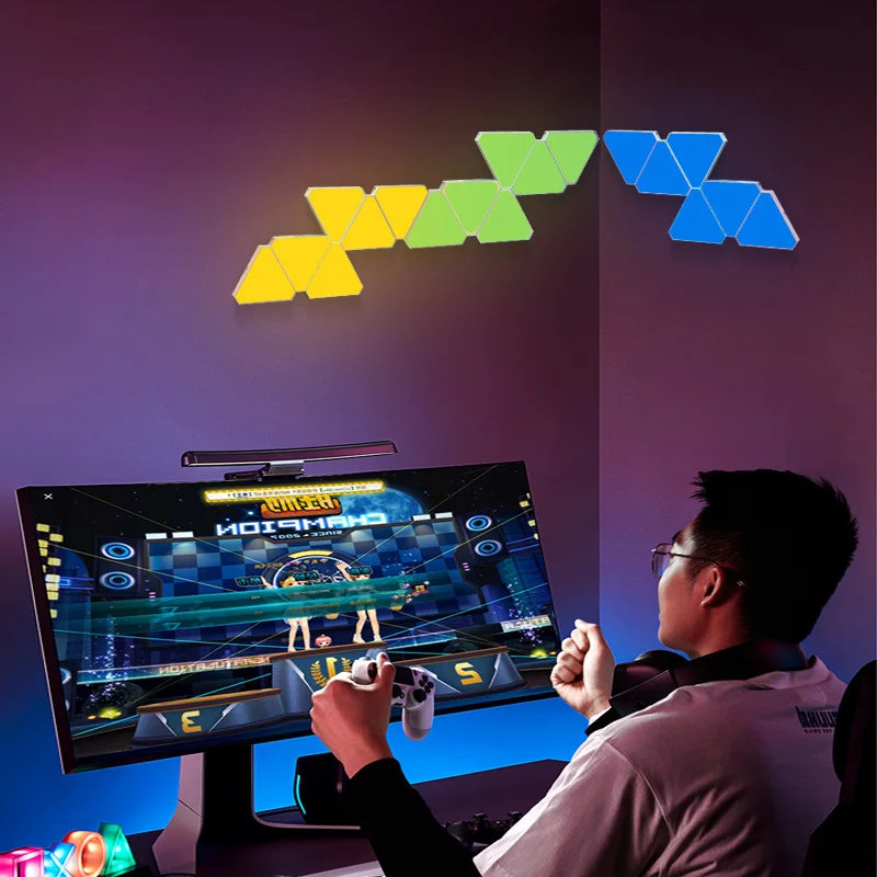 Painéis de luz quântica de emenda triangular - luz ambiente inteligente para jogos WiFi RGB para decoração de casa de fundo de TV
