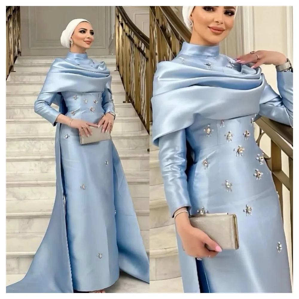 فستان سهرة من الساتان الأزرق الرقيق حسب الطلب، خط عنق عالي رائع قبالة الكتف وأكمام طويلة، فستان حفلات ناعم Pr #3