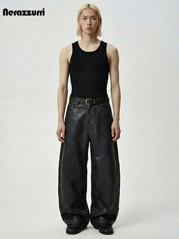 

Nerazzurri Spring Autumn Black Baggy Wide Leg Pu Leather Curved Blade Pants Men Luxury Punk Style Menswear Clothing Streetwear