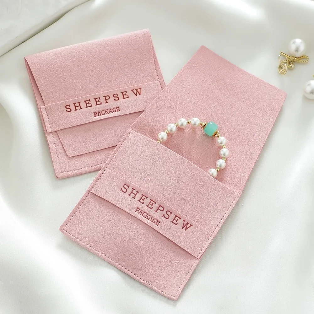 New 100-Pack Bulk Olive Green Suede Microfiber Jewelry Pouch Custom Logo Small Envelope Packaging Bag For Necklace Bracelet Ring - view 3