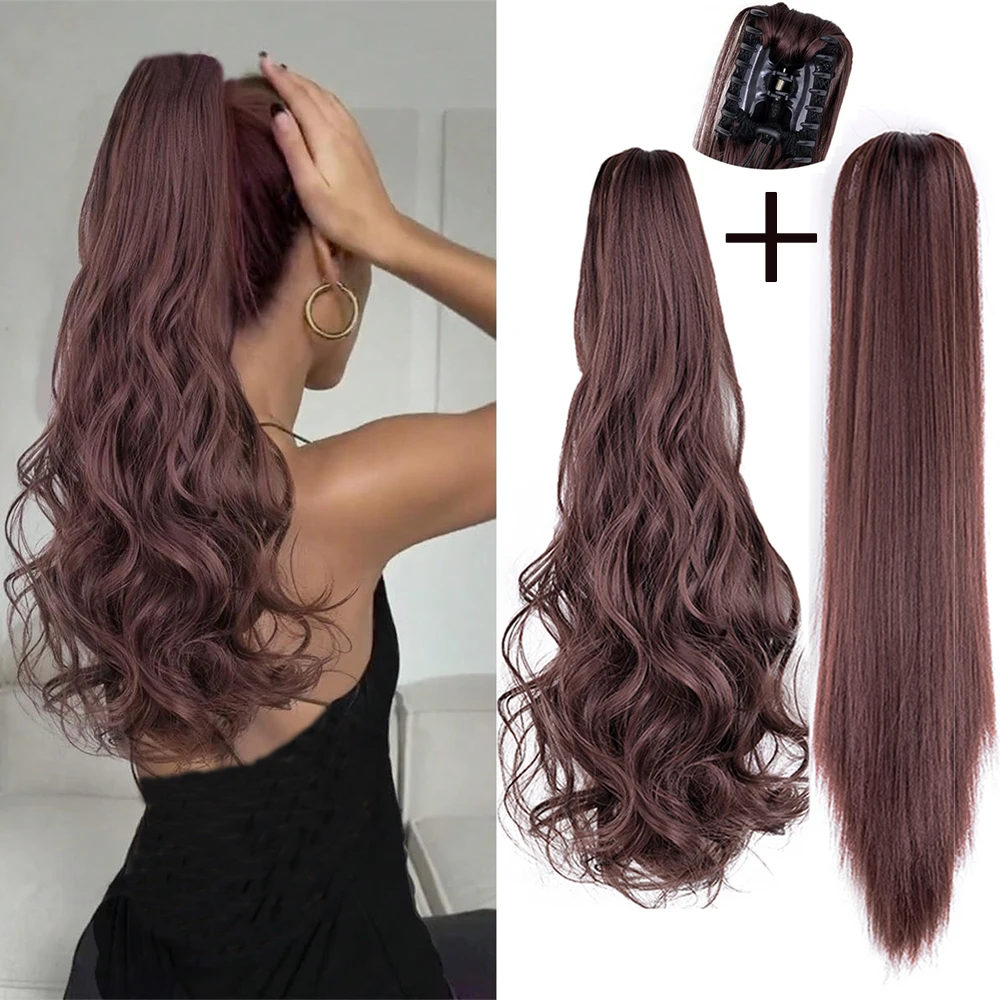 Synthetic Ponytail Hair Extension 22Inch Long Straight Claw Clip Ponytail Heat Resistant Natural Wave For Women Blonde Hairpiece